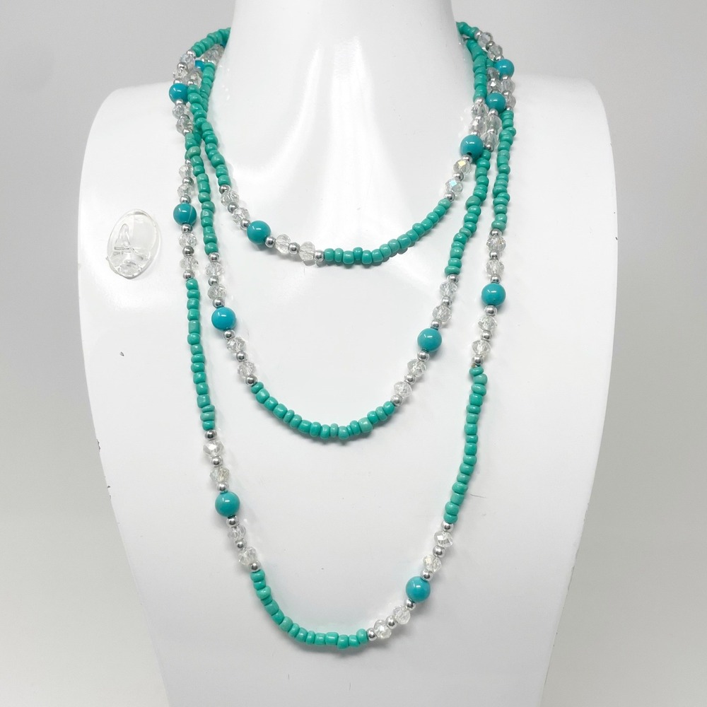 Modern Faux Turquoise Strand Necklace Long 29" Glass Beads Layering Western Boho